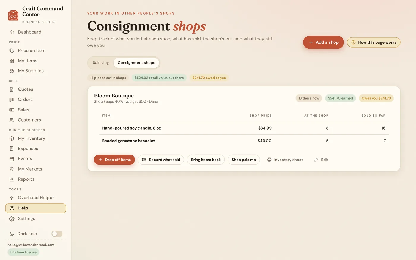 The consignment page showing items placed at a boutique, what has sold and what the shop owes