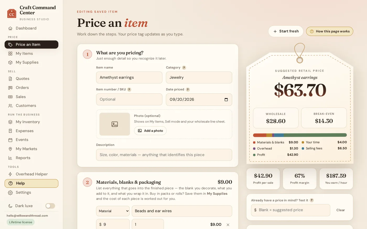 The pricing studio with material costs on the left and a live price tag on the right